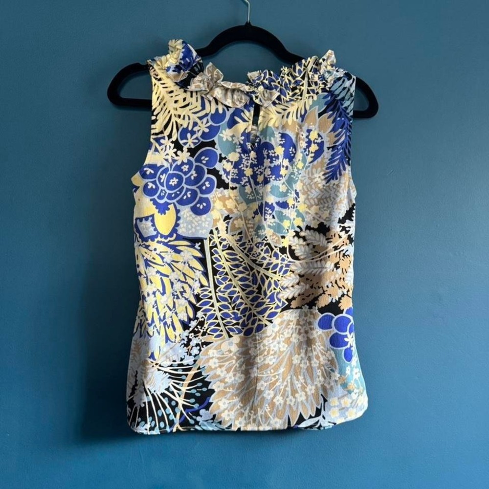 Talbots Ruffle Neck Blouse Women's Size XS Floral Blue Yellow Sleeveless Work - Picture 2 of 8